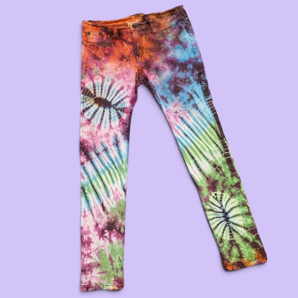 Gypsy Rose Tie Dye Skinny Jeans Womens‎ Multicolor Spiral Boho Festival 31x29